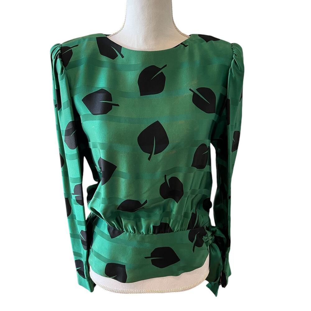 Vintage Nipon Long Sleeve Side Tie Silk Top Dark Green Leaf Print
